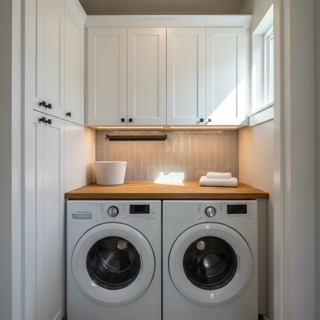 A compact, professionally remodeled laundry room efficiently tucked into a small alcove, showcasing custom-built white shaker cabinetry to the ceiling, a warm butcher-block countertop spanning front-load washer and dryer units, and a vertical subway tile backsplash in soft gray. Matte black bar pulls and a single black wall-mounted drying rod create subtle contrast. A small, high window on the right introduces gentle natural daylight, which combines with under-cabinet LED strips to provide even, shadow-free illumination across the work surface. Photographic realism captures the faint wood texture of the countertop and the slight sheen of the tile glaze. Framed at eye level with a slight angle to reveal depth, the composition feels orderly, efficient, and calm, perfect for presenting how thoughtful remodeling can elevate utility spaces.