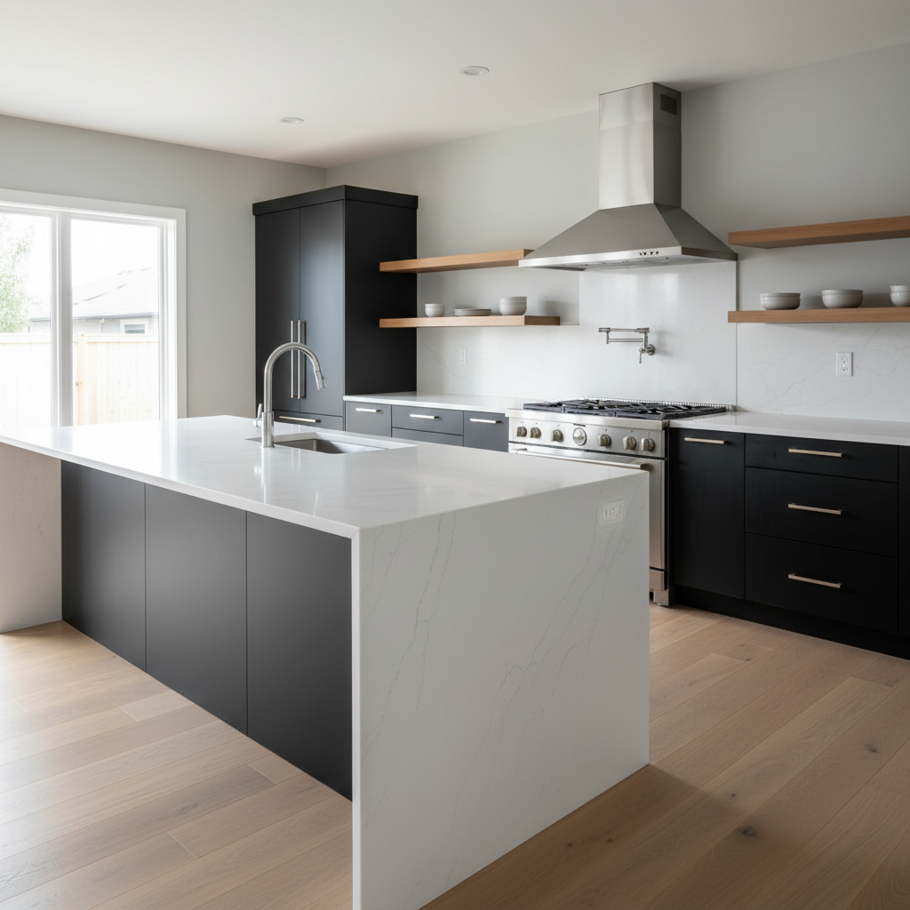 A meticulously remodeled open-concept kitchen featuring matte black lower cabinets and warm oak upper shelving, a large white quartz waterfall island, and a sleek stainless steel range hood as the focal point. The kitchen sits within a freshly renovated home with smooth, light-gray walls and wide-plank hardwood floors. Soft natural light pours in from large unseen windows to the left, creating gentle highlights on the quartz surface and subtle shadows under the island overhang. Photographic realism captures every texture, from the faint veining in the countertop to the brushed metal finish of the hardware. Shot at eye level with a wide lens for a clean, modern, professional composition, with sharp focus throughout and a calm, inviting mood that conveys high-quality home remodeling craftsmanship.