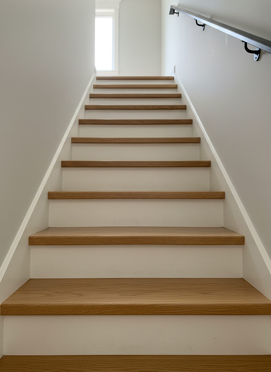 A close-up, highly detailed view of a custom staircase remodel, featuring solid oak treads with a satin clear finish, crisp white risers, and a minimalist black metal mono-stringer support. The staircase is set against a freshly painted soft-gray wall, with a slim black handrail anchored by discrete brackets, perfectly aligned. Natural daylight pours in from an unseen window on the landing, creating soft side lighting that highlights the grain of the wood and casts delicate shadows under each tread. Photographic realism shows every edge chamfer, screw cover, and smooth weld on the metal stringer. Shot from a low upward angle, the staircase recedes elegantly into the frame, conveying precision, structural integrity, and a clean, professional remodeling aesthetic.