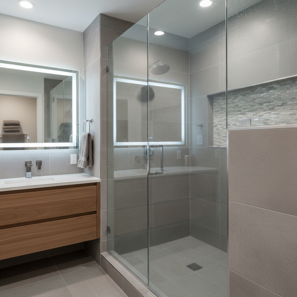 A detailed close-up of a high-end bathroom remodel, featuring a frameless clear glass shower enclosure, large-format matte porcelain tiles in stone-gray on the walls, and a niche with precisely aligned mosaic tiles. A floating vanity in warm walnut with a white integrated solid-surface sink sits adjacent, its grain running horizontally with meticulous alignment. Cool, even LED recessed lighting from the ceiling and a subtle backlit mirror cast soft, shadow-free illumination, creating gentle reflections on the glass. Photographic realism captures beads of water on the tile and the fine texture of grout lines. Shot at a slightly angled perspective with shallow depth of field, the foreground tile details are crisp while the background softly blurs, establishing a clean, spa-like, professional mood that highlights renovation quality and attention to detail.