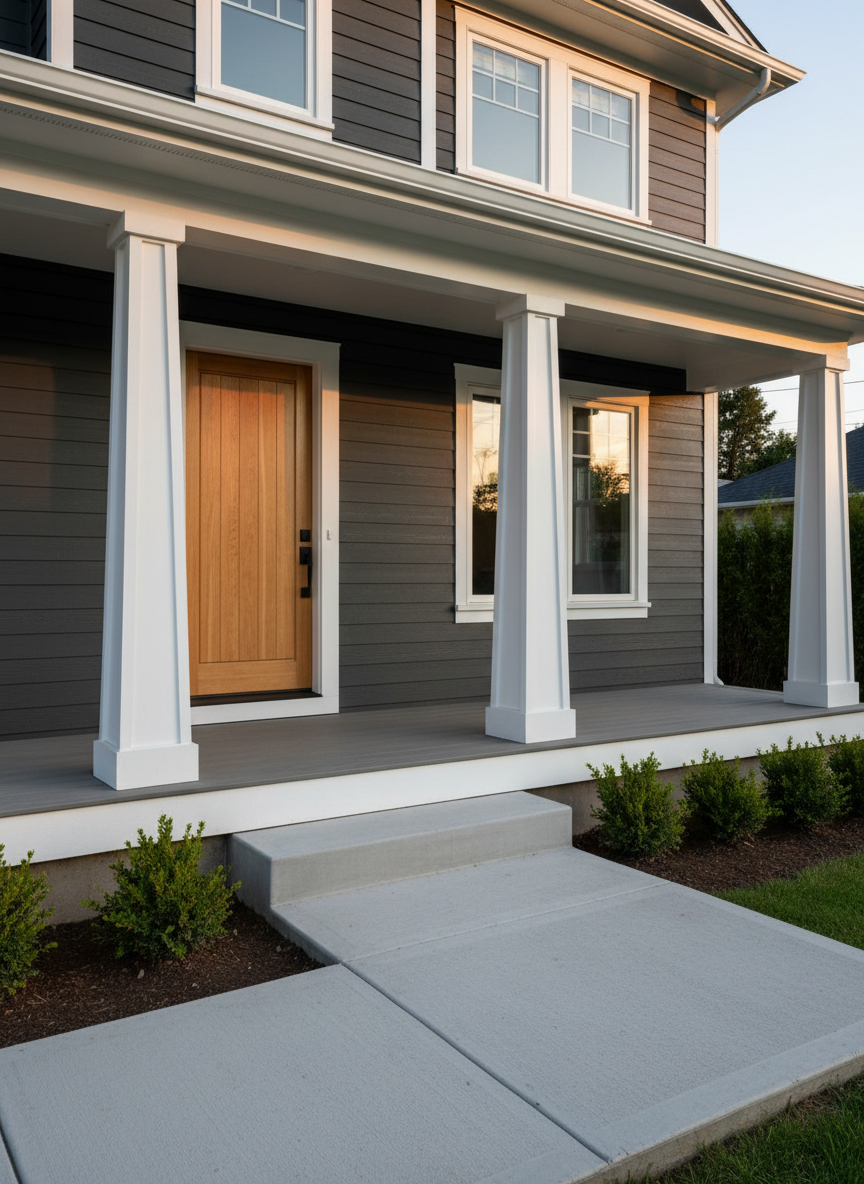 A refined exterior renovation of a modern craftsman-style home, highlighting newly installed dark charcoal fiber-cement siding, crisp white trim, and a solid natural-stained wood front door with a sleek black metal handle set. A newly built front porch with smooth composite decking and square tapered columns sits atop a perfectly finished concrete step. Soft late-afternoon golden-hour sunlight washes across the facade from the right, creating warm highlights on the wood grain and gentle shadows under the eaves. Photographic realism captures the subtle texture of the siding and the precise caulk lines at trim joints. Shot from a slightly low, three-quarter angle, the composition leads the eye up the new walkway toward the door, establishing a welcoming, professional atmosphere that showcases exterior remodeling craftsmanship.
