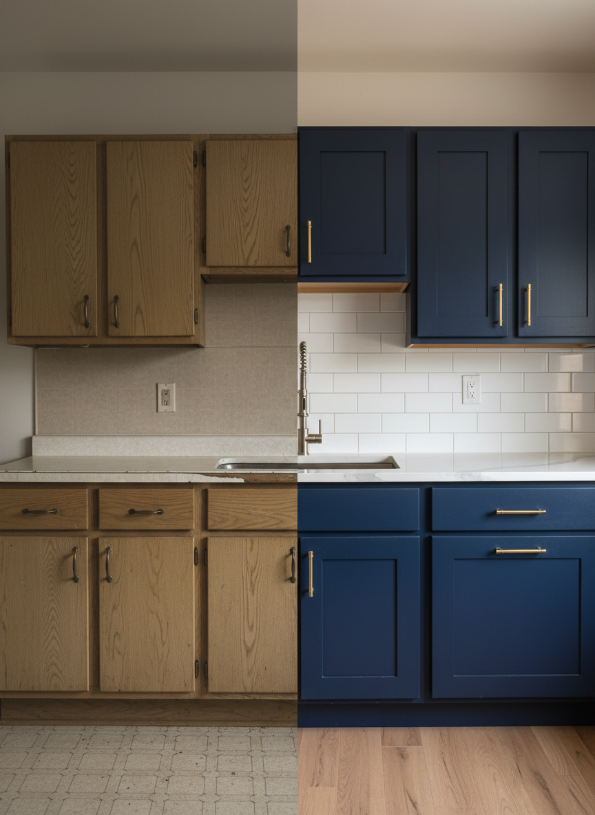 A dramatic, side-by-side before-and-after style remodeling concept presented within a single photographic frame: the left half shows a dated, dark kitchen suggested by faded, flat-front cabinets and worn laminate counters rendered in muted, desaturated tones; the right half transitions seamlessly into a fully renovated version with rich navy shaker cabinets, bright white quartz countertops, and a clean subway tile backsplash. The dividing line between old and new cuts vertically through the center, creating a bold, professional composition. Natural daylight from imaginary windows illuminates the renovated side with a warm, inviting glow, while the older side remains slightly dimmer but still visible. Photographic realism emphasizes contrast in textures, finishes, and precision of new construction, communicating transformation, quality, and the impact of expert home renovation.