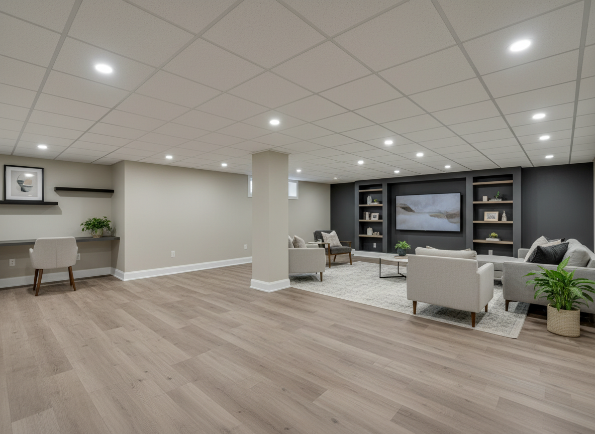 A meticulously finished basement remodel transformed into a multi-purpose living space, with smooth light-beige walls, a dark charcoal accent wall anchored by a built-in media niche, and low-profile white baseboards running perfectly level. The floor features neutral-toned luxury vinyl plank with a subtle wood texture, laid in a flawless pattern. A black steel support column has been wrapped in clean drywall and painted to match, becoming a discreet architectural element. Recessed LED can lights in a new drop ceiling cast even, warm illumination that eliminates harsh shadows, emphasizing the professional finish. Photographic realism reveals the crisp seams at ceiling tiles and the fine texture of painted drywall. Captured at eye level with a wide lens, the composition feels spacious, calm, and modern, ideal for demonstrating full-space transformation.