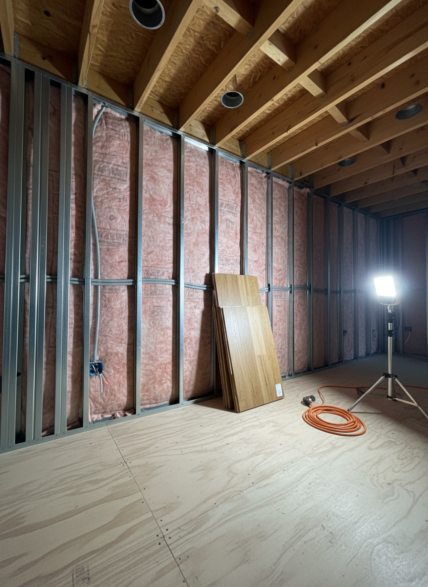 An in-progress home renovation scene focusing on a partially finished interior wall, with new metal wall studs perfectly aligned, fresh electrical conduit neatly routed, and cleanly cut insulation batts installed between. The unfinished plywood subfloor is spotless, with precisely stacked bundles of engineered hardwood leaning against the wall and a neatly coiled extension cord resting nearby. Overhead, new joists and recessed light housings are exposed, all perfectly spaced. Cool, diffused work-light illumination from portable LED lamps creates clear, shadowed depth without harsh glare, emphasizing order and professionalism. Photographic realism highlights the textures of metal, wood grain, and insulation. Captured from a low, angled perspective with strong leading lines into the frame, the composition conveys a controlled, methodical construction environment and the reliability of expert remodeling work behind the walls.