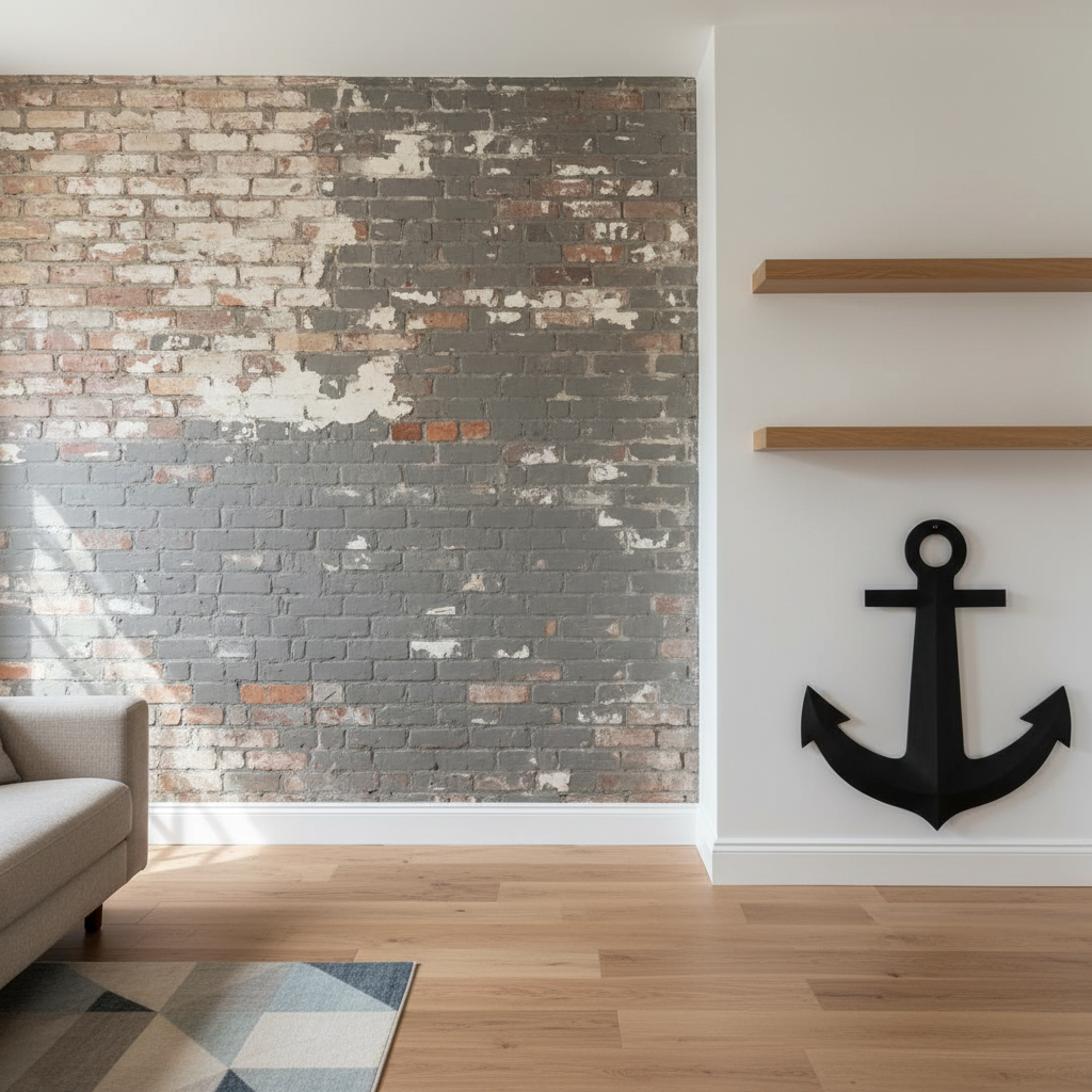 A bright, newly renovated living room showcasing a precise transition between old and new construction: one wall of exposed painted brick contrasted with freshly installed smooth drywall, crisp white trim, and recessed shelving. The room features new wide-plank oak flooring and a built-in black anchor–shaped metal fireplace surround as a subtle design accent. Diffused afternoon daylight enters from off-frame windows, creating even, flattering illumination with soft, natural shadows under the shelving. Photographic realism emphasizes the clean lines, perfect paint edges, and fine woodgrain. Composed from a slightly elevated angle using the rule of thirds, the focus remains on the harmony of textures and craftsmanship, conveying a professional, trustworthy atmosphere ideal for showcasing home remodeling results.