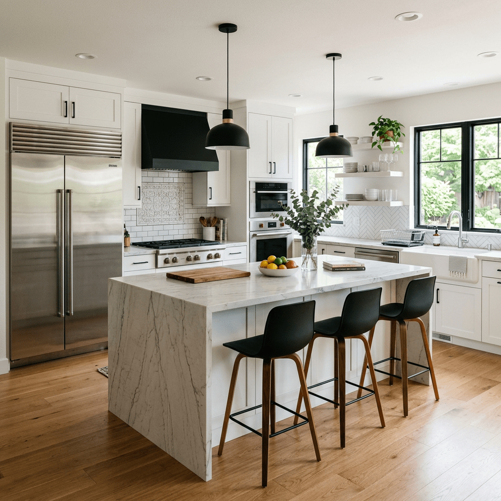 Bright kitchen with white cabinets, marble island, black chairs, and stainless steel fridge