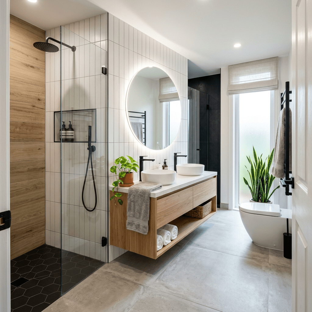 Modern bathroom with double sinks, large round mirror, glass shower, and greenery.