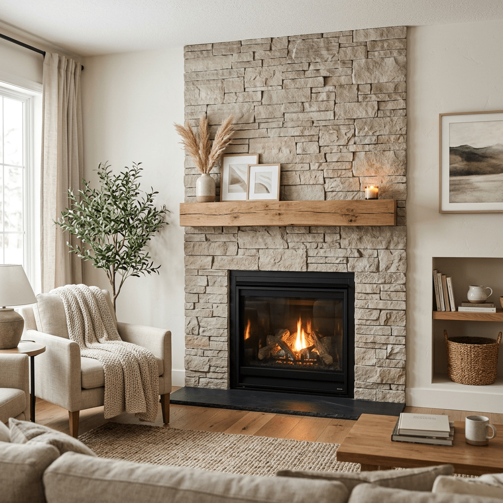 Freshly remodeled living room fireplace