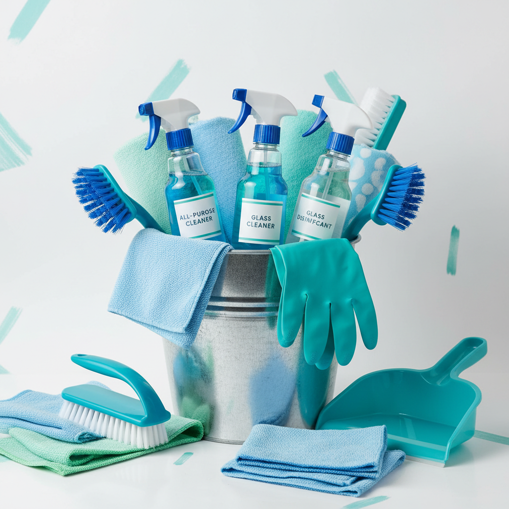 Neatly arranged professional cleaning supplies and microfiber cloths