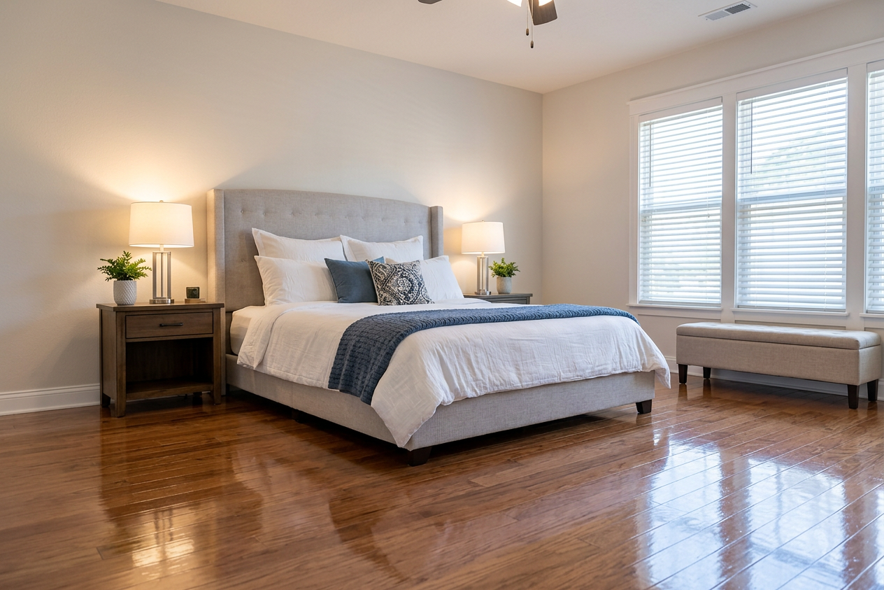 Bright Modern Bedroom Interior Design Bright bedroom with a bed, bedside tables, lamps, windows, and bench