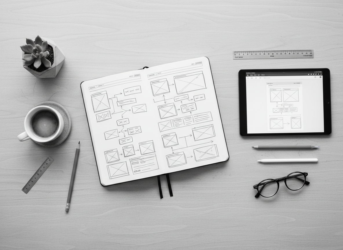 Website wireframe sketches on a designer's desk
