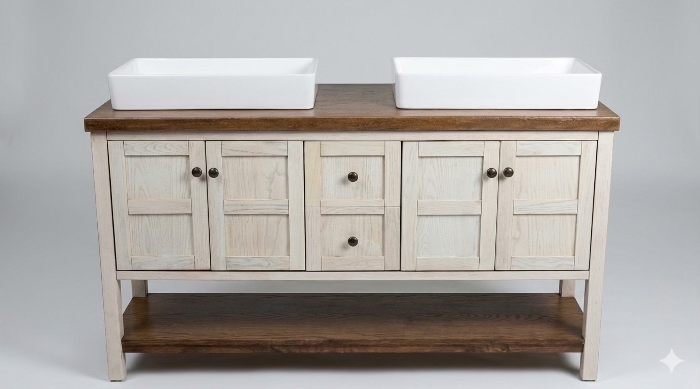 Custom white shaker vanity with double vessel sinks and open shelf below