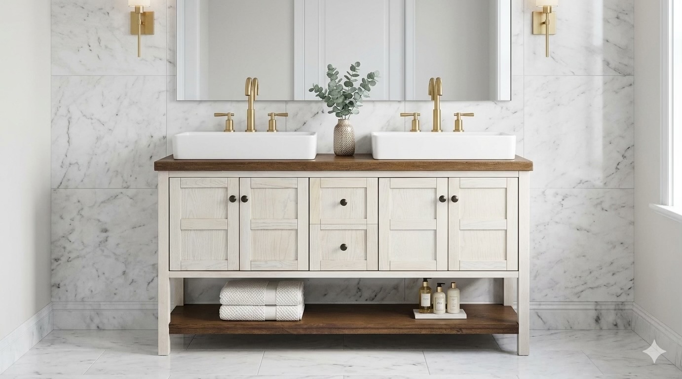 White shaker-style custom vanity with vessel sinks in a marble bathroom