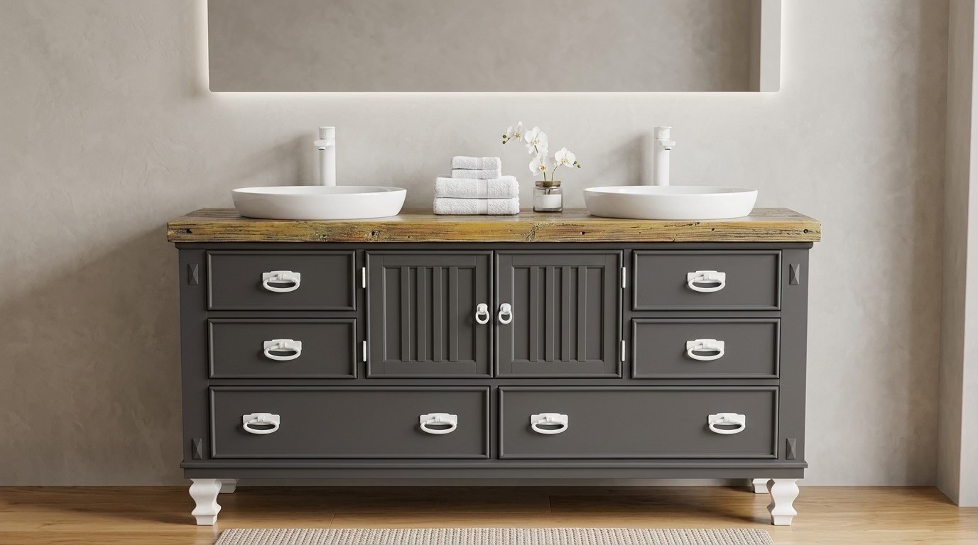 Custom double-sink vanity with a reclaimed wood countertop in a finished bathroom