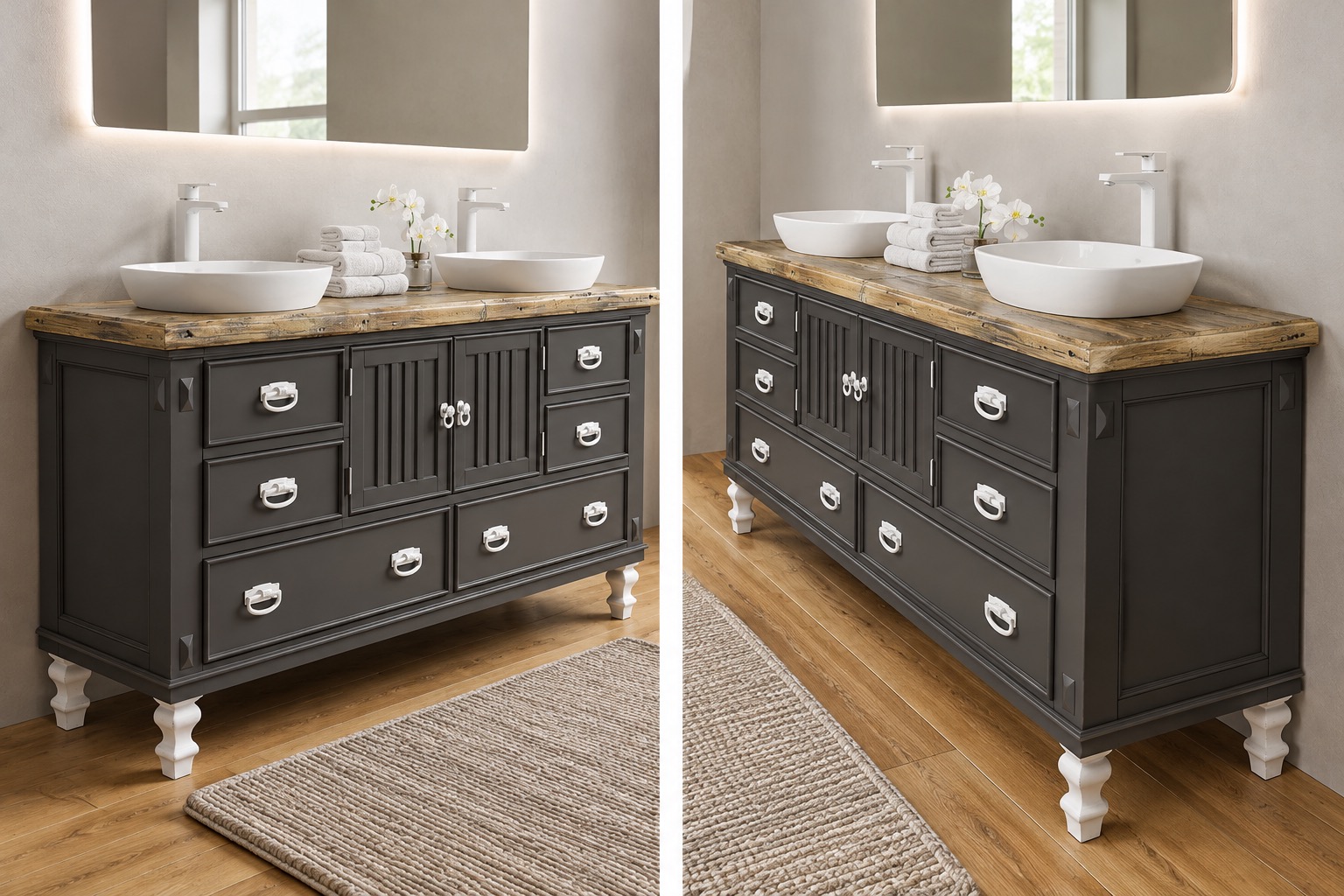 Custom double sink vanity with reclaimed wood top styled in a bathroom setting
