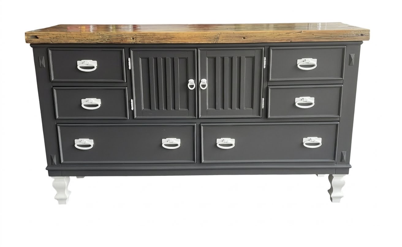 Gray custom vanity with reclaimed wood top, full front view