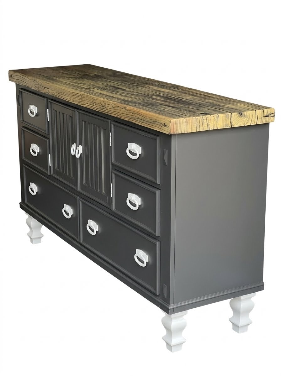 Custom bathroom vanity with reclaimed wood top and dark painted cabinet, angled view